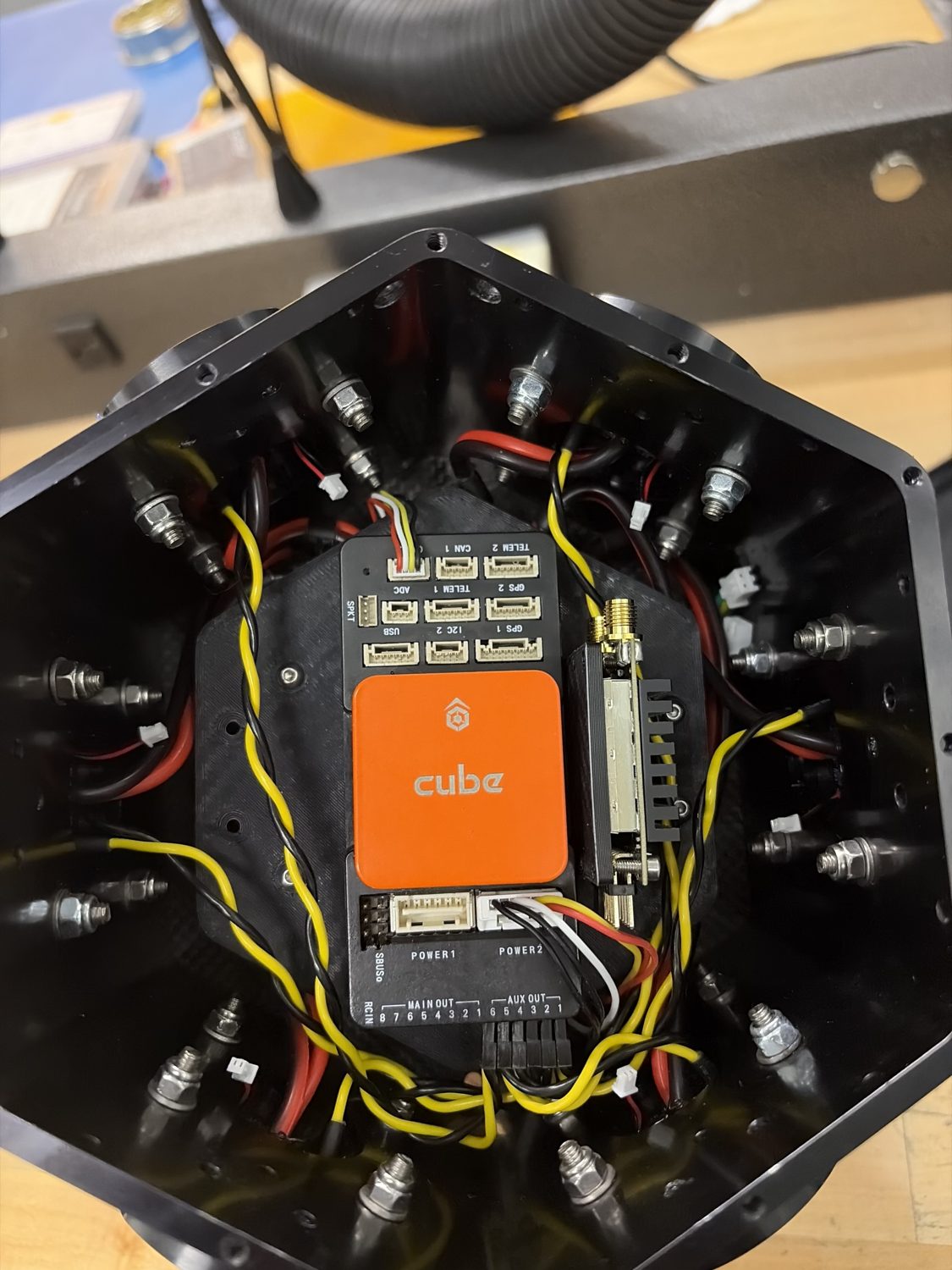 Inside the hexacopter core: Cube Orange flight controller and wiring